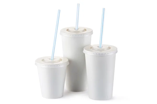 Three disposable cups for beverages with straw — Stock Photo, Image