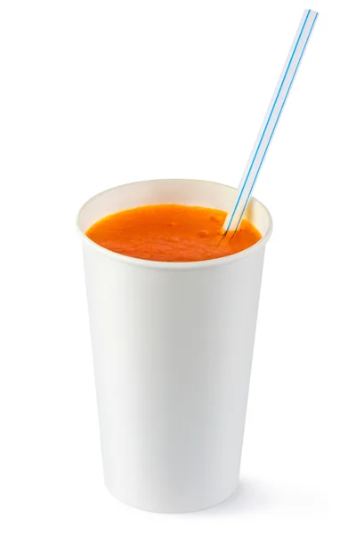 Disposable cup of orange fizzy drink and straw — Stock Photo, Image