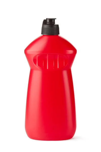 Bottiglia di plastica rossa con liquido detergente — Foto Stock