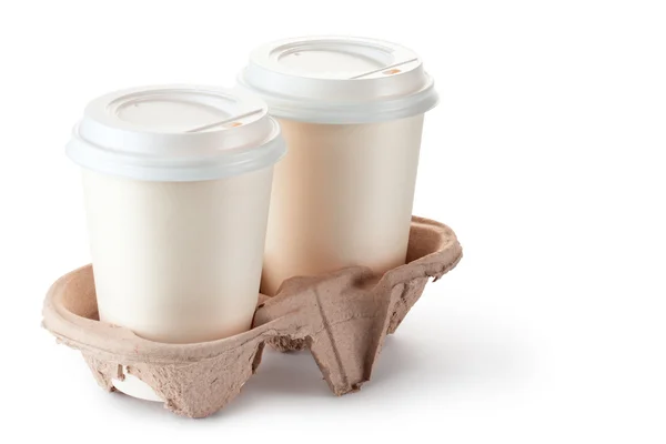 Dos tazas de café desechables en soporte de cartón —  Fotos de Stock