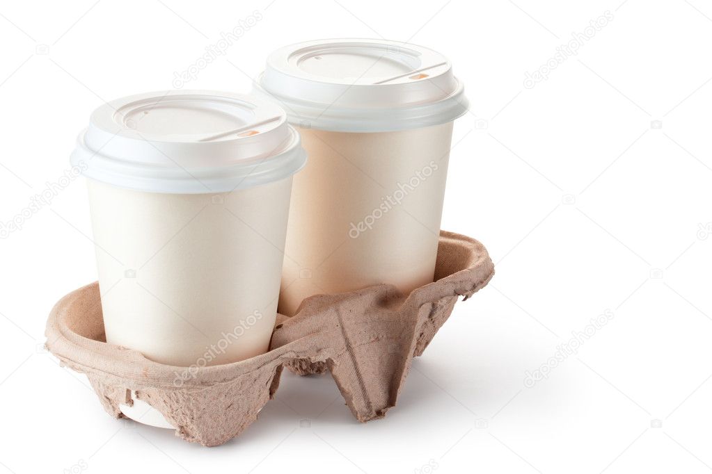 Two disposable coffee cups in cardboard holder