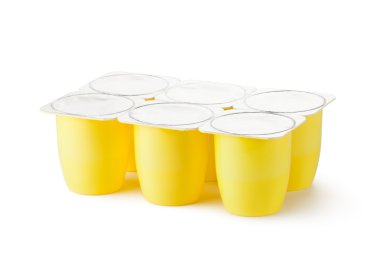 Six plastic containers for dairy products with foil lid clipart