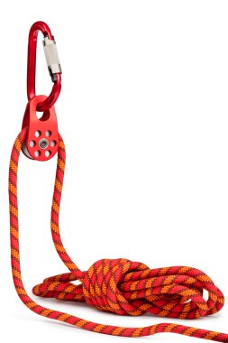 Climbing equipment - pulley, rope, carabiner clipart