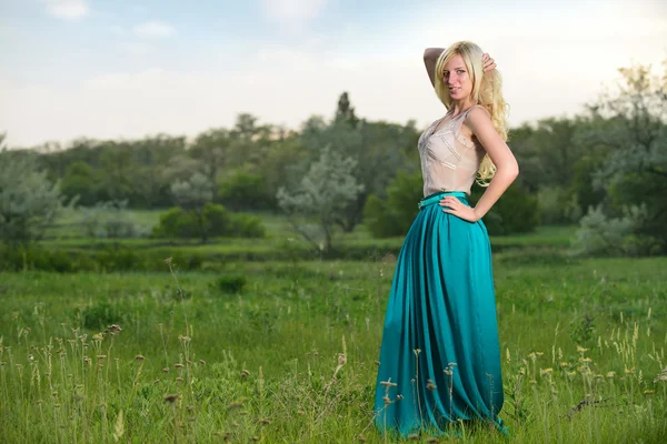 Portret van mooi meisje permanent in het veld — Stockfoto