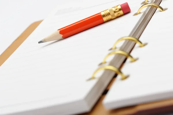 Öppna anteckningsboken med koppar bindande och röd penna. — Stockfoto