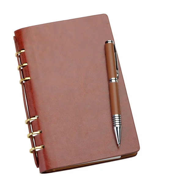 Notebook in a brown leather cover and stylish pen — Stock Photo, Image