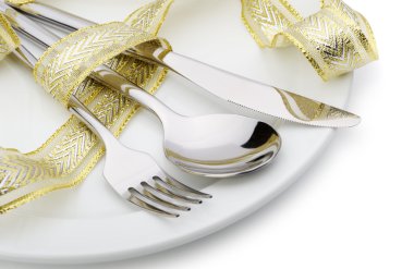 Spoon, fork and a knife tied up celebratory ribbon clipart