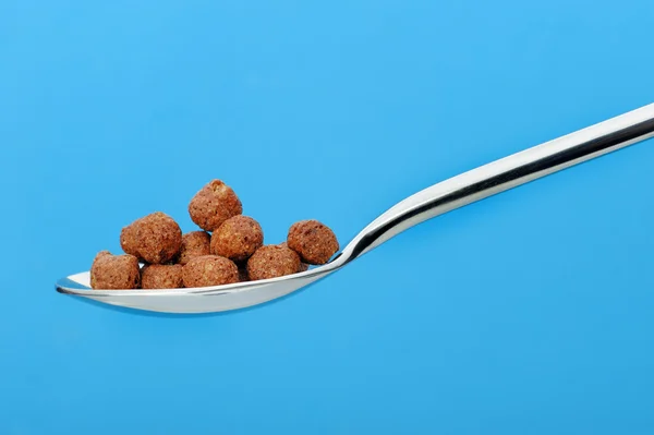 Chocolate cornflakes. A dry breakfast in a spoon. — Stock Photo, Image