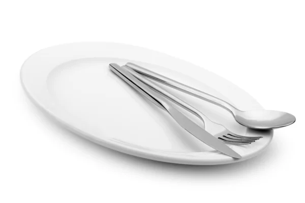 Cuchara, tenedor y un cuchillo yacen en un plato —  Fotos de Stock