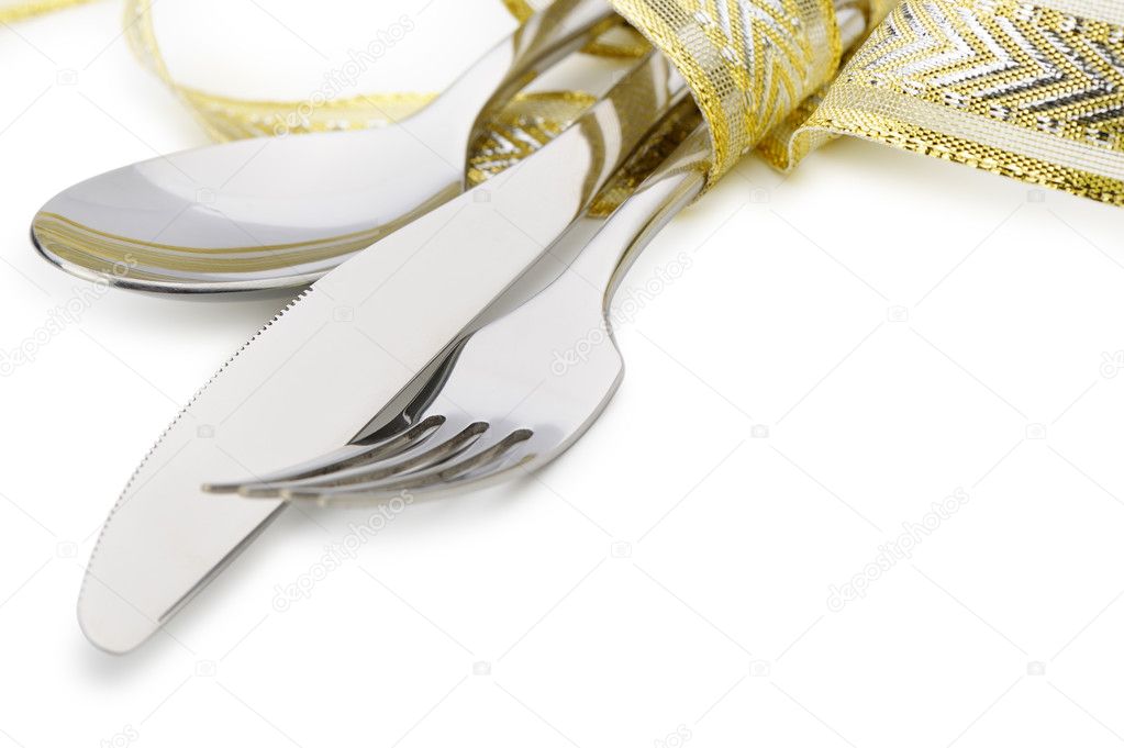 Spoon, fork and a knife tied up celebratory ribbon