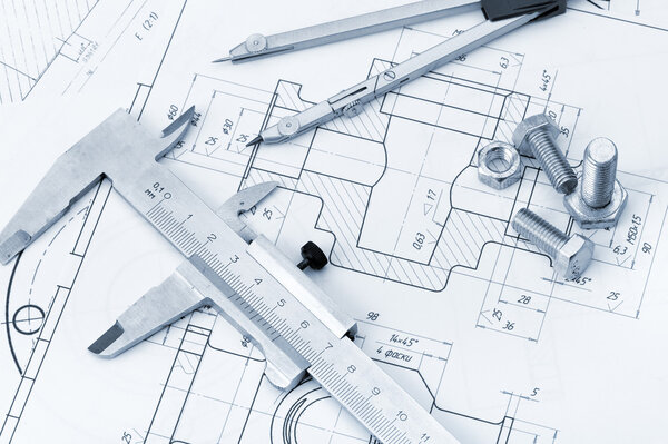 The plan industrial details, a screws, caliper, divider. A photo