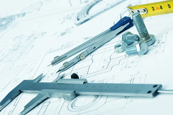 The plan industrial details, a screws, caliper, divider. A photo — Stock Photo, Image