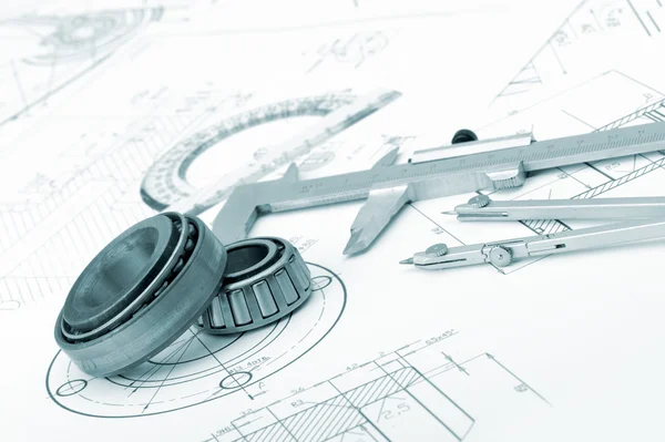 The plan industrial details, a protractor, caliper, divider and — Stock Photo, Image