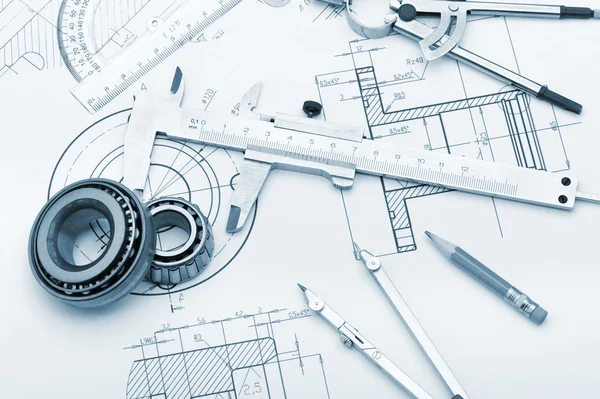 The plan industrial details, a protractor, caliper, divider and — Stock Photo, Image