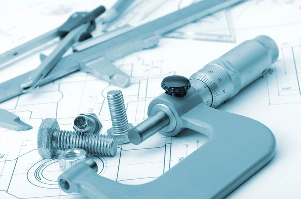 The plan industrial details, a screws, caliper, divider,micromet — Stock Photo, Image