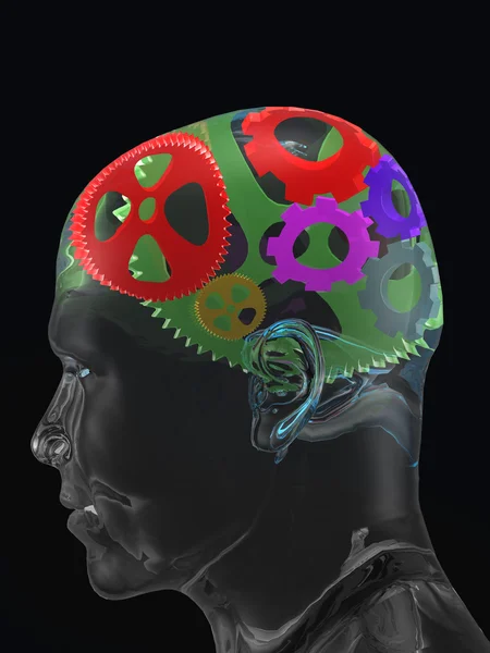 Transparante man schedel met kleur kromme versnellingen — Stockfoto