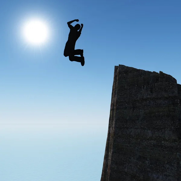 Bir kayanın üzerinden atlama adam silüeti — Stok fotoğraf