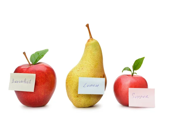 Pear and red apples with paper notes — Stock Photo, Image