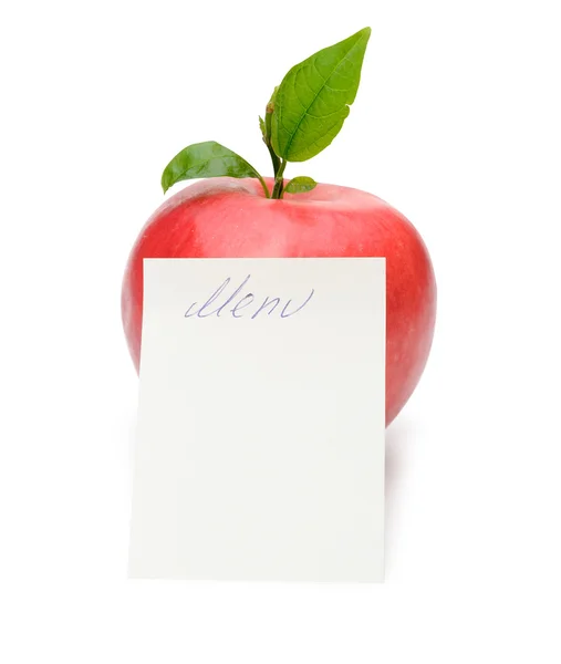 Red apple with a green leaf and memo Menu — Stock Photo, Image