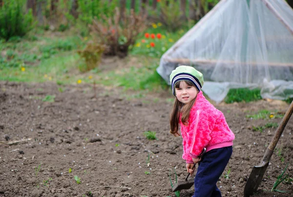 stock image The little girl works in the garden