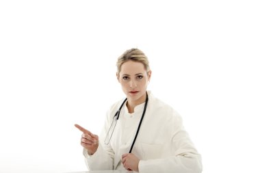 Stern doctor pointing her finger clipart