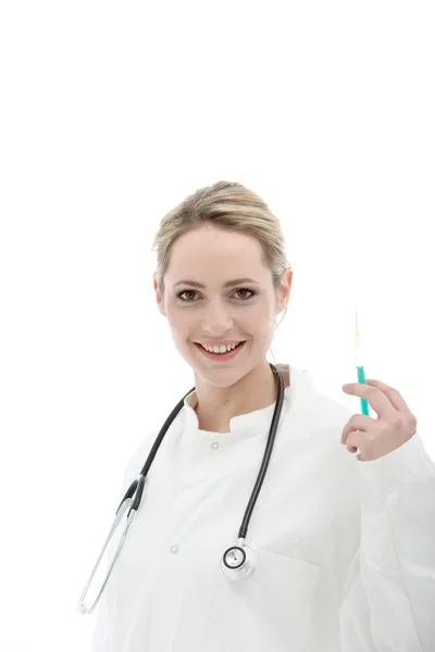 Sorridente medico femminile su sfondo bianco — Foto Stock