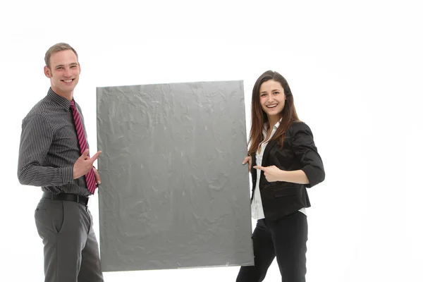 Successful business team holding blank board — Zdjęcie stockowe