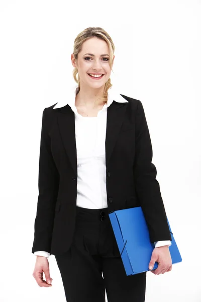 Glimlachende zakenvrouw houden blauwe map — Stockfoto