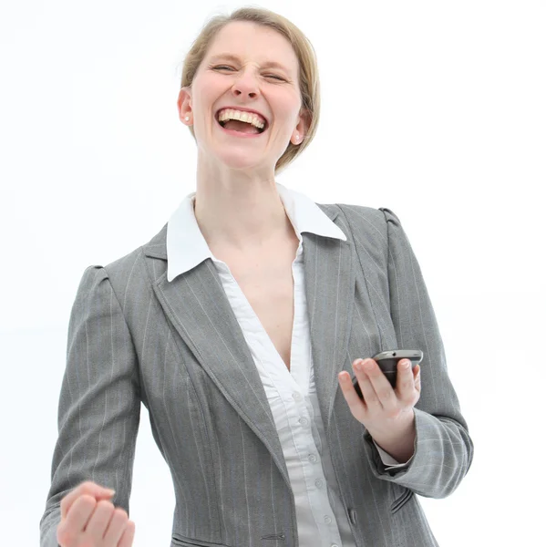 Joyful woman receiving good news Stock Photo