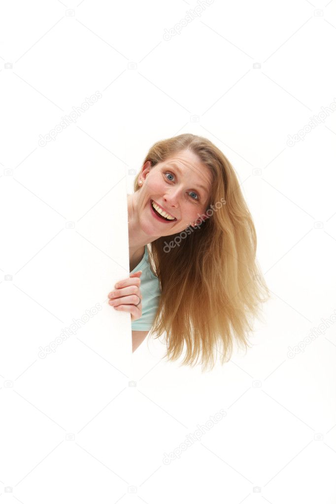 Surprised vivacious woman with blank board