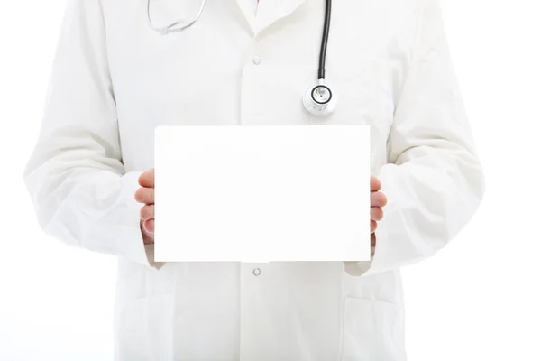 Médico ou enfermeiro segurando pequeno cartaz — Fotografia de Stock