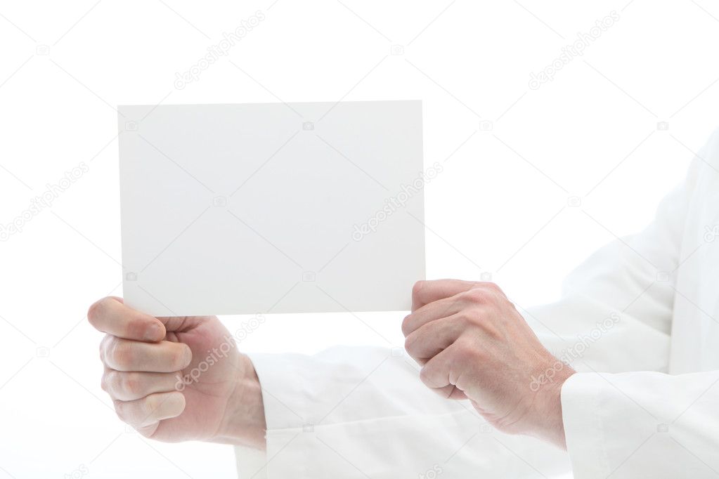 Man holding white card off to the side for reading