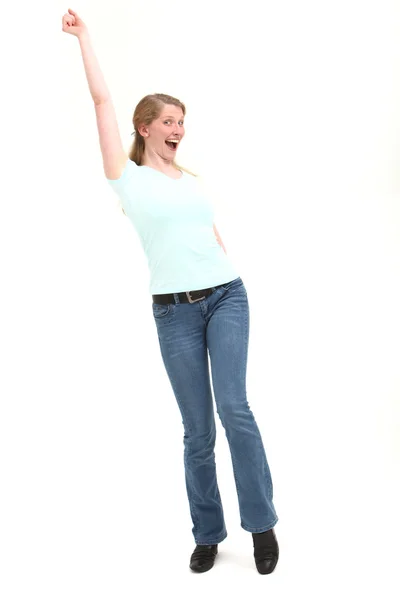 हाथ उठाए हुए खुश महिला स्टॉक तस्वीर