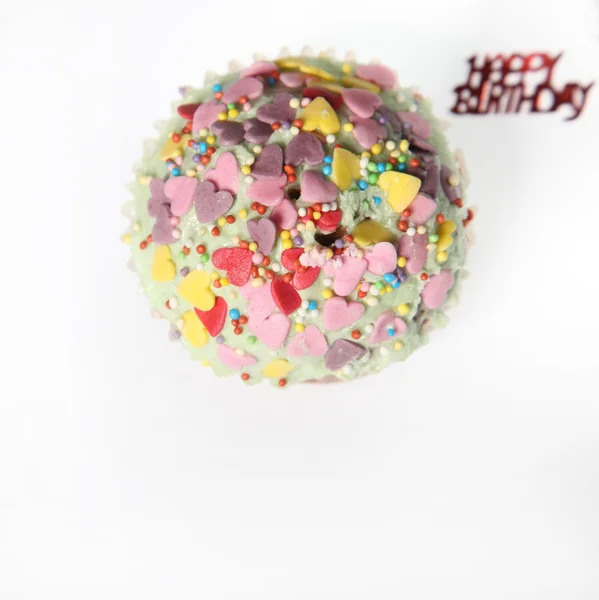 Cupcake mit Zuckerguß mit Deckel - Schriftzug Happy Birthday — Stockfoto