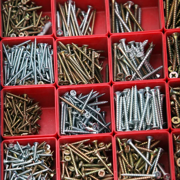 Caixa de ferramentas com parafusos — Fotografia de Stock