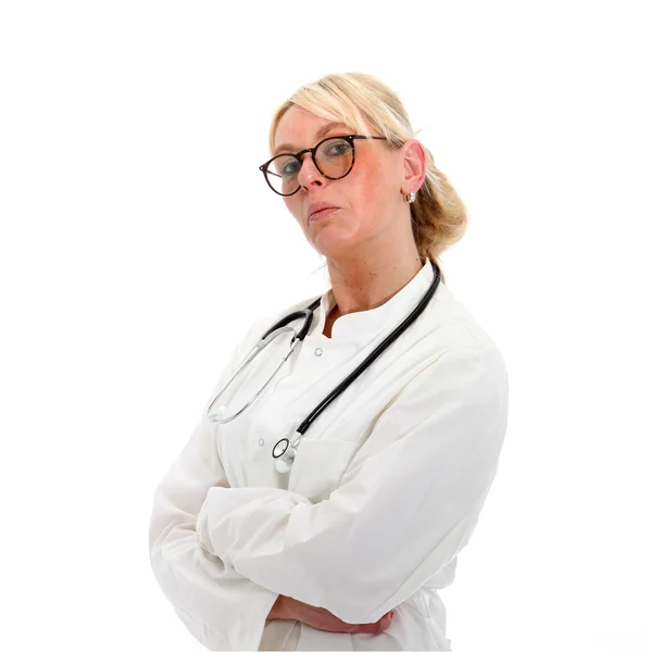 Ženský lékař, ukazující některé pochybnosti — Stock fotografie