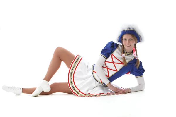 Junge.fröhliche Frau im Kostüm - Prinzengarde - liegt in Pose au — Stock Photo, Image