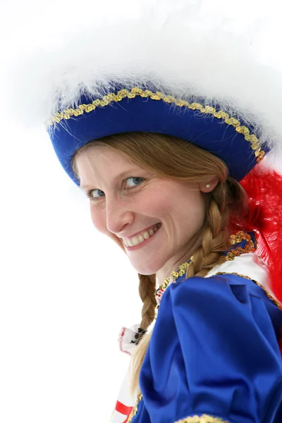 Portrait einer lächelnden Frau in Uniform beim Karneval oder Fas — Stockfoto