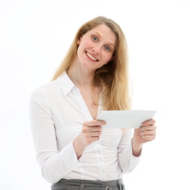 Alert responsive woman looking at camera clipart