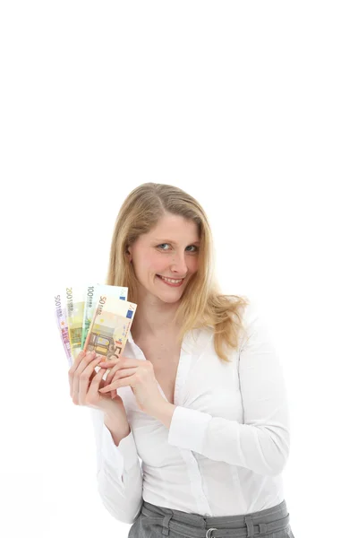 Успешная женщина показывает горстку денег — стоковое фото