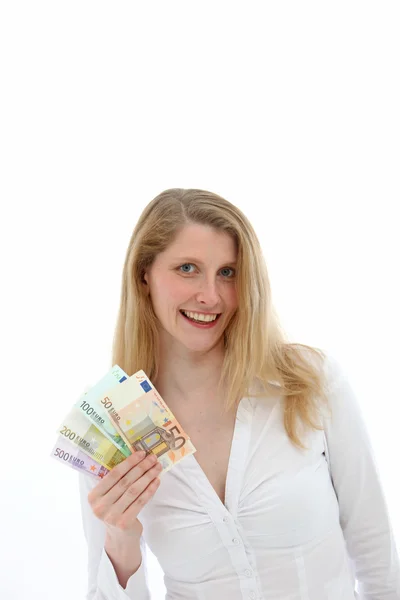 Mujer feliz mostrando ganancias — Foto de Stock