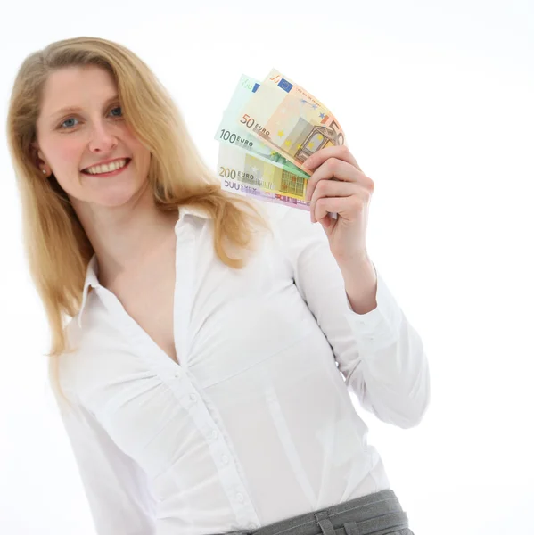 Donna con banconote in euro con ventaglio — Foto Stock