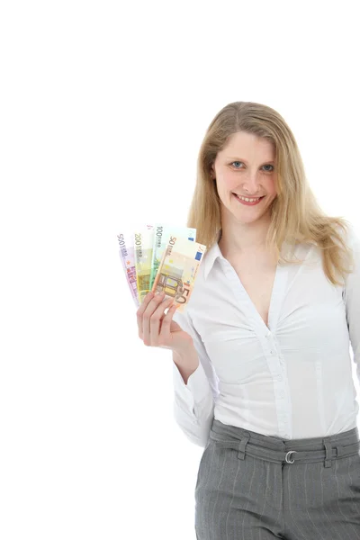 Glimlachende zakenvrouw met geld — Stockfoto