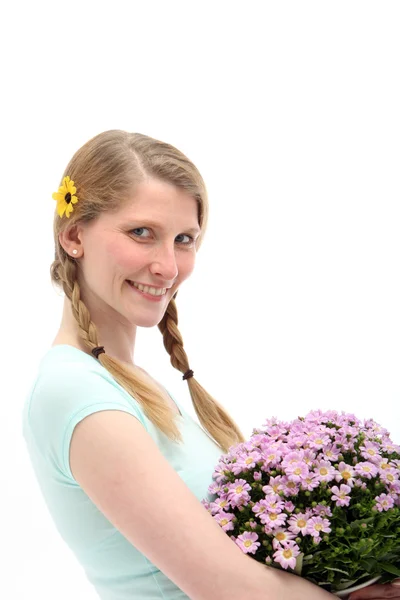 Happy Woman With Flower Bouquet Stock Picture