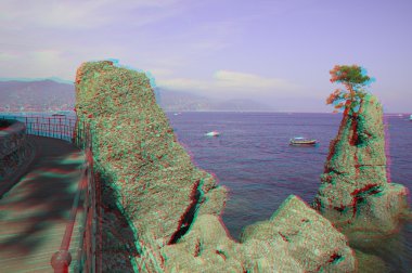 바위와 포르토피노 베이입니다. 리구리아 주, 이탈리아 (anaglyph 이미지).