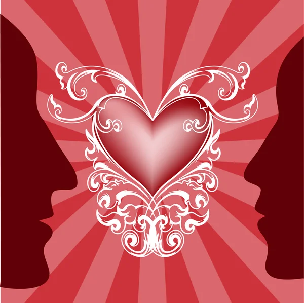 Kalp kırmızı zemin üzerine karşı kadın ve erkek profilleri. — Stok Vektör