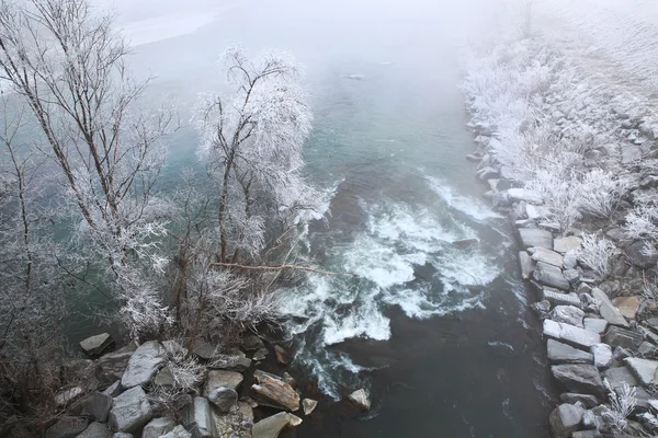 Rime frost sur la rivière Tanaro, Piémont, Italie . — Photo