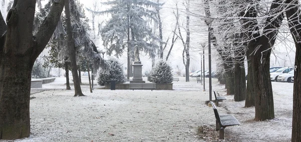 Panorama of city park under rime frost. Alba, Northern Italy. — Stock Photo, Image