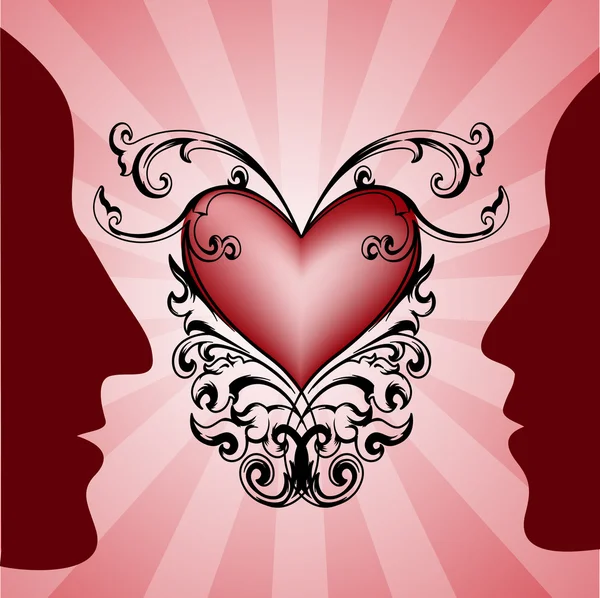 Man and woman profiles against red heart on background. — Stockvector