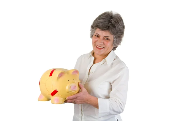 Female senior with piggy bank — Stock Photo, Image